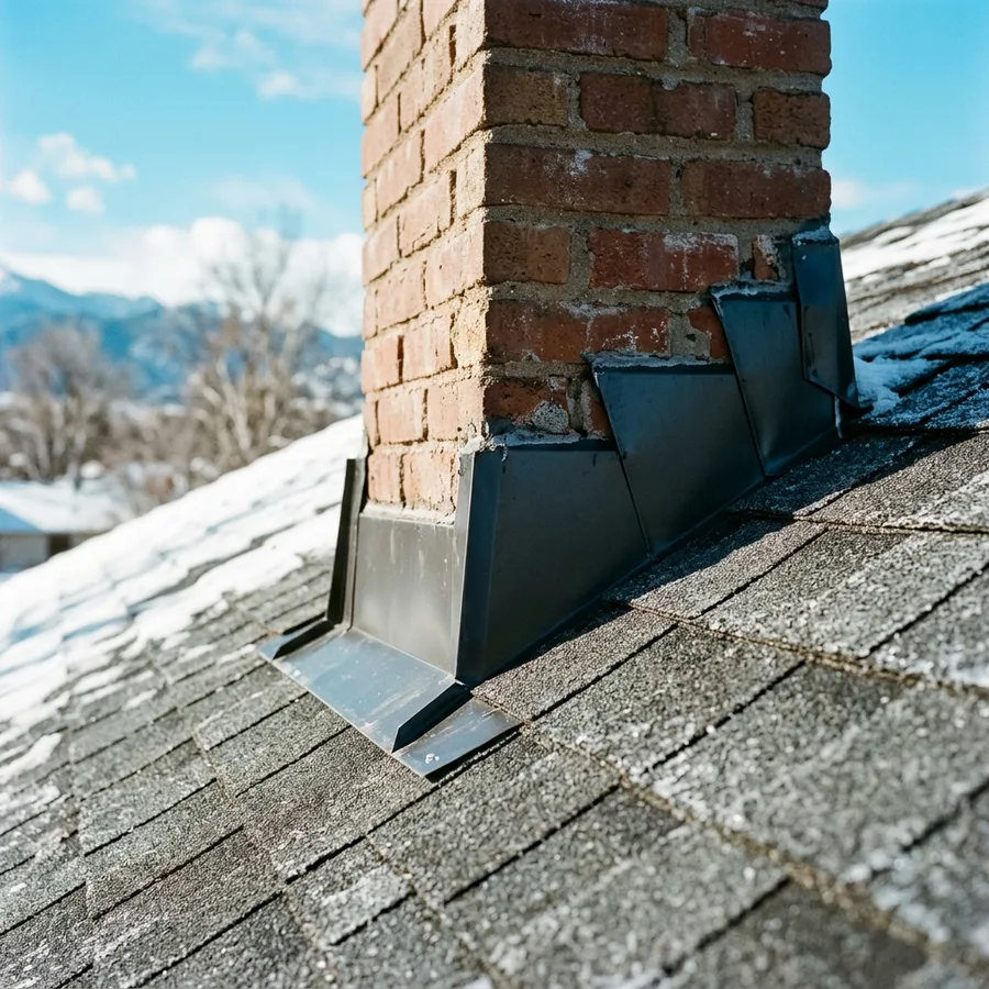 Metal step flashing where a brick chimney meets charcoal shingles