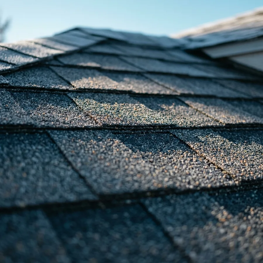 Close-up of charcoal shingle courses and granule texture in low raking light