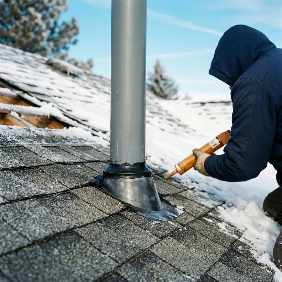 A plumbing vent pipe rising through shingles with its flashing boot seated flat