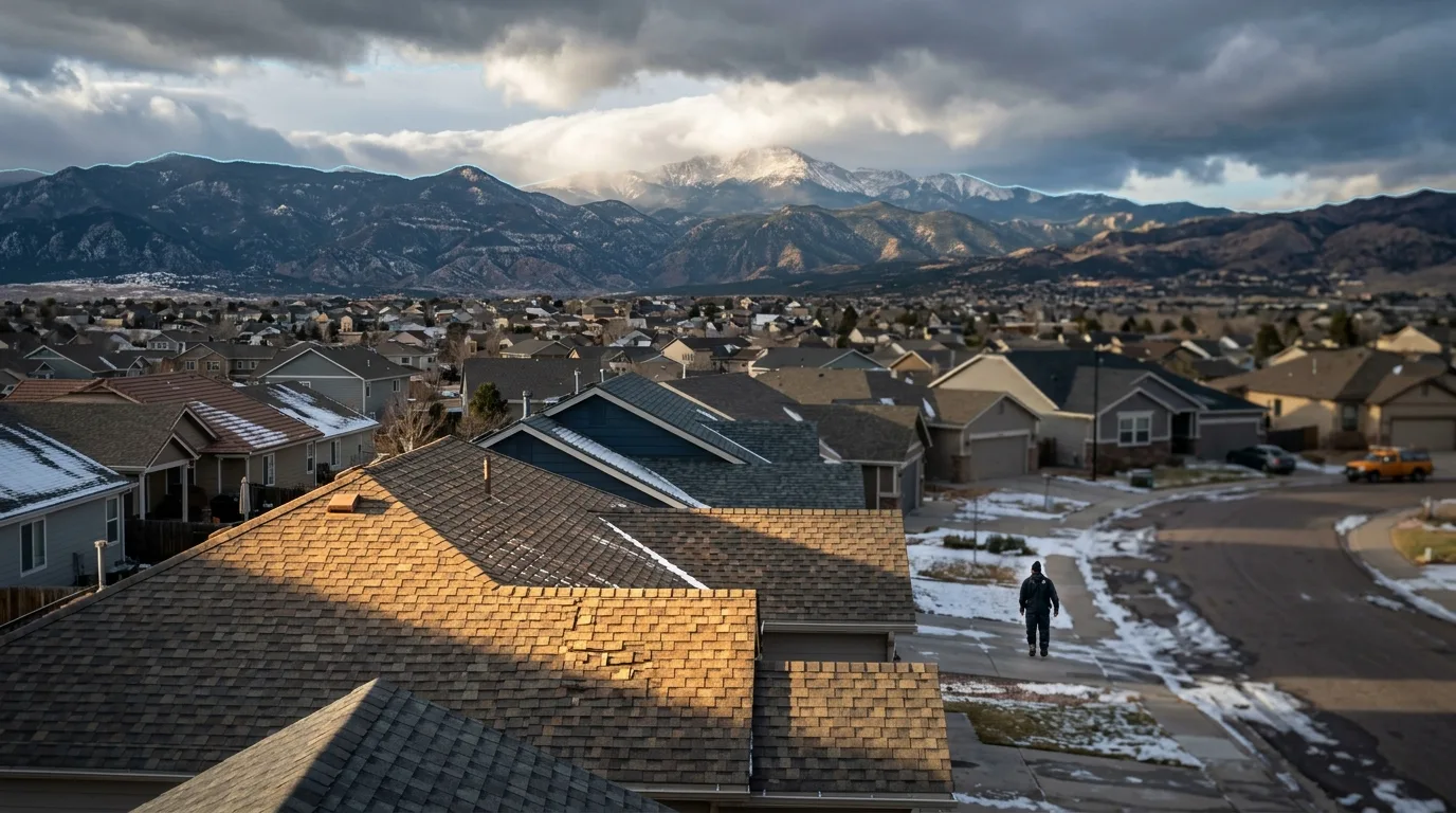 Rooftops across a Colorado Springs neighborhood toward the mountains under breaking storm clouds