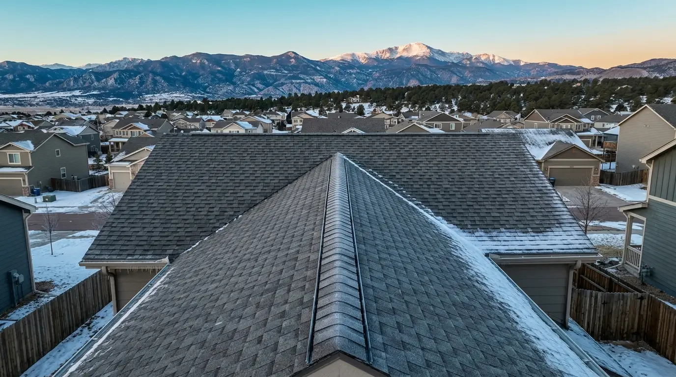 Low view just above the ridge of a charcoal shingle roof, looking west over neighboring roofs to the foothills and Pikes Peak in clear morning light