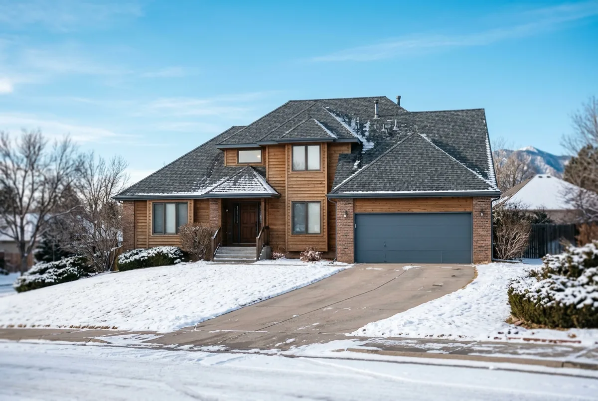 A two-story home with a charcoal shingle roof against blue sky, seen from the street