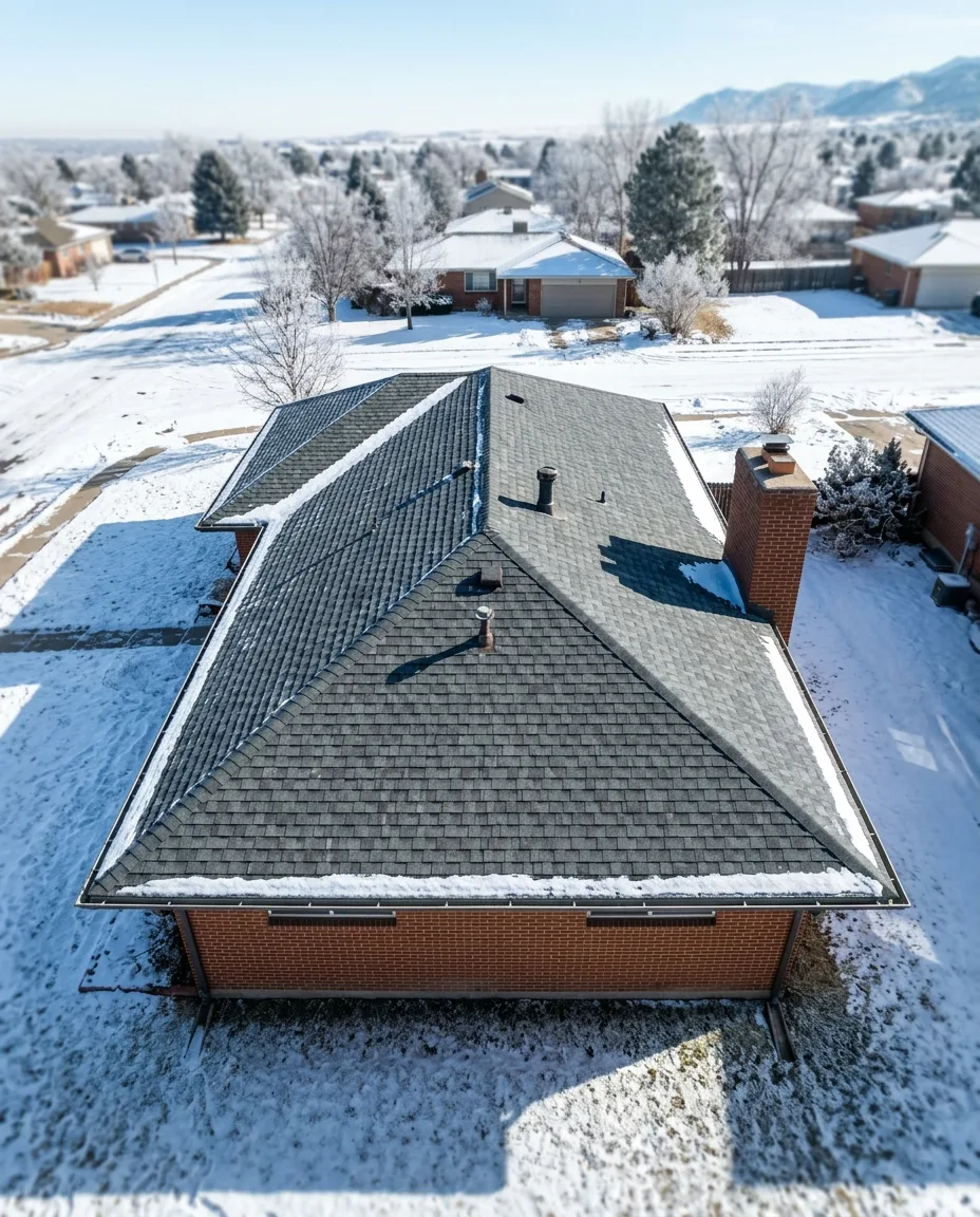 Straight-down view of a hip roof in charcoal shingles with a brick chimney, vent pipes and gutters on every side