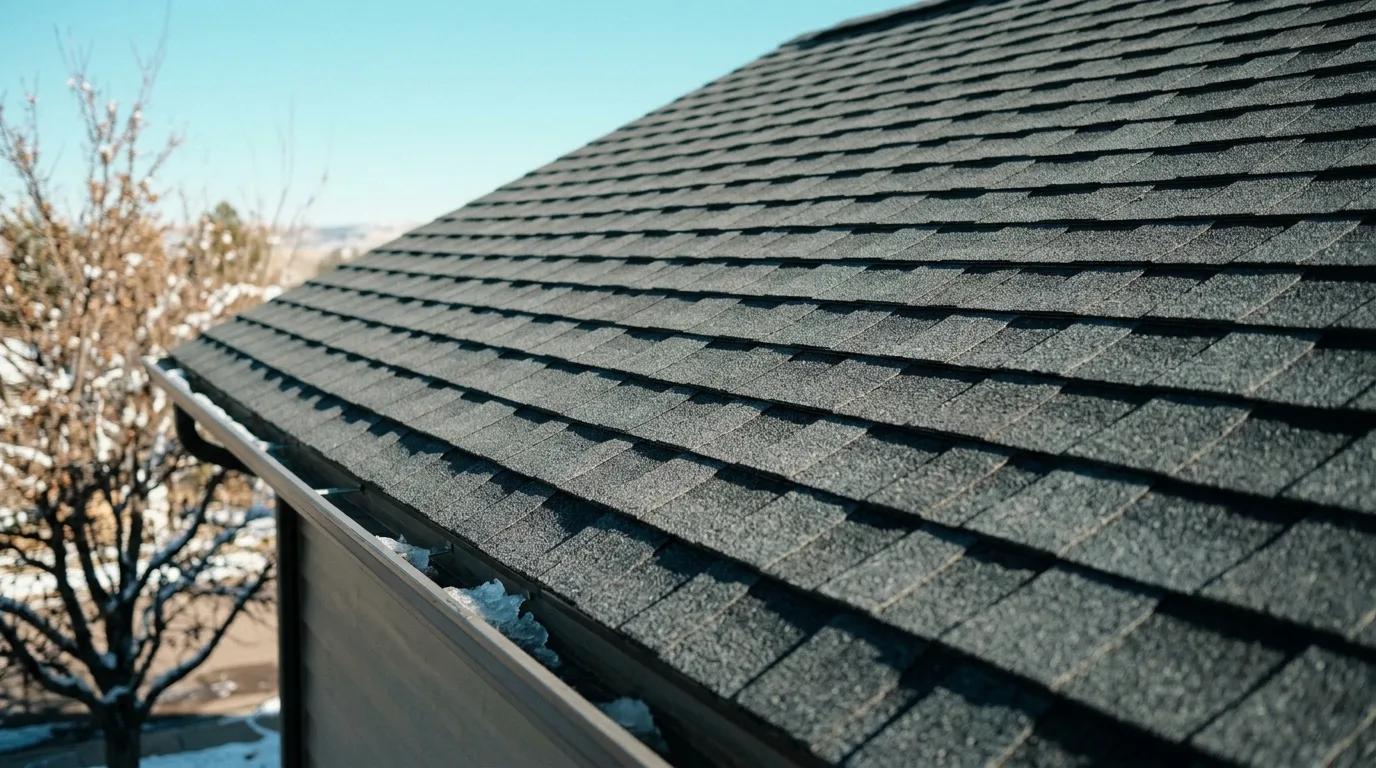 A sloped roof of even charcoal shingles in straight courses, seen from slightly above in clear morning light