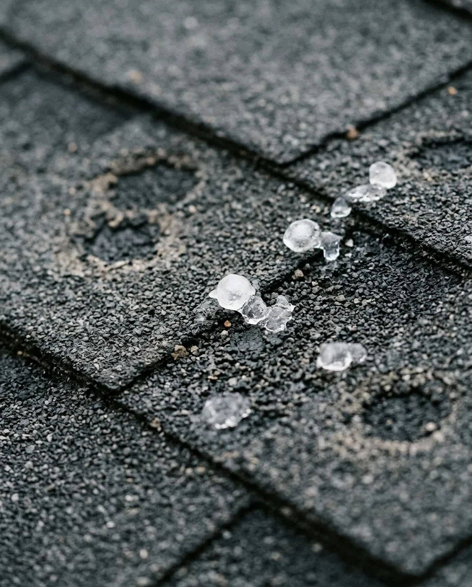 Weathered charcoal shingles with round hail bruises, loose granules and small melting hailstones