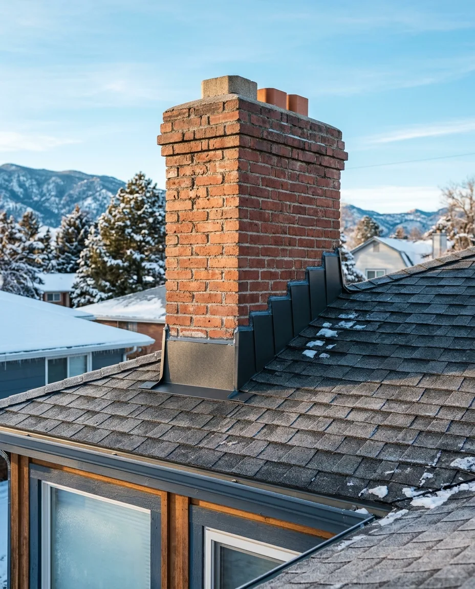 A brick chimney on a charcoal shingle roof with new metal step and counter flashing