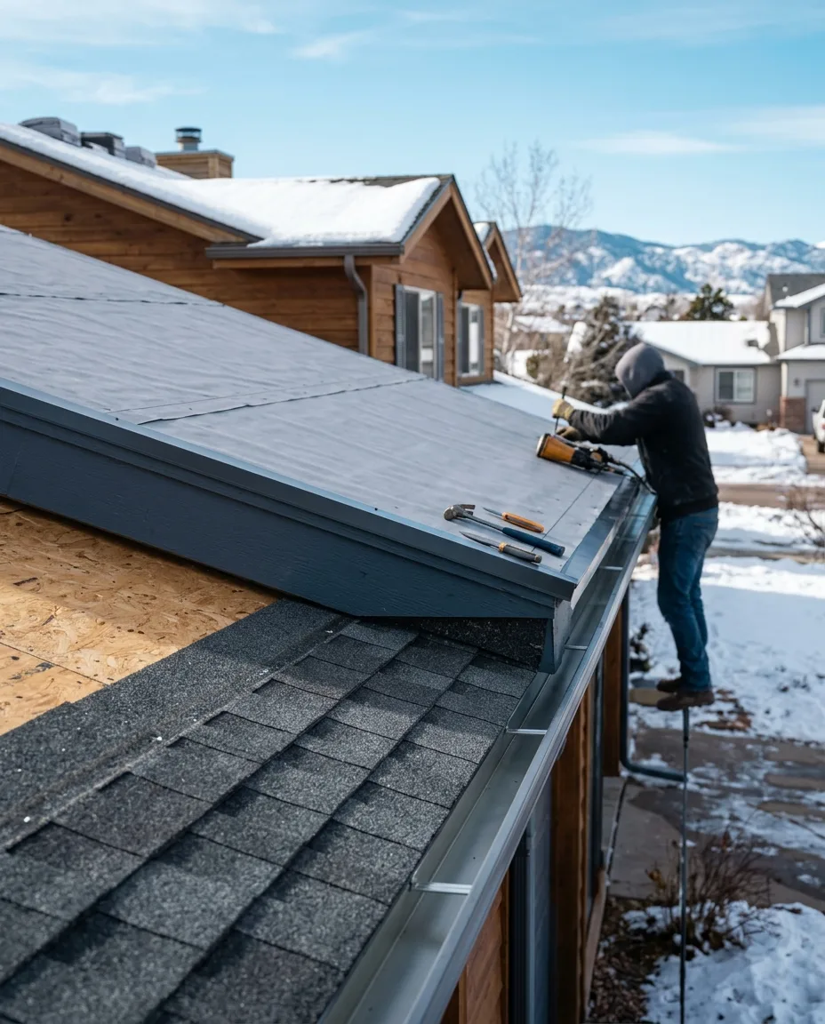 A roof slope mid-replacement, new charcoal shingles below and smooth gray underlayment above, with new drip edge at the eave